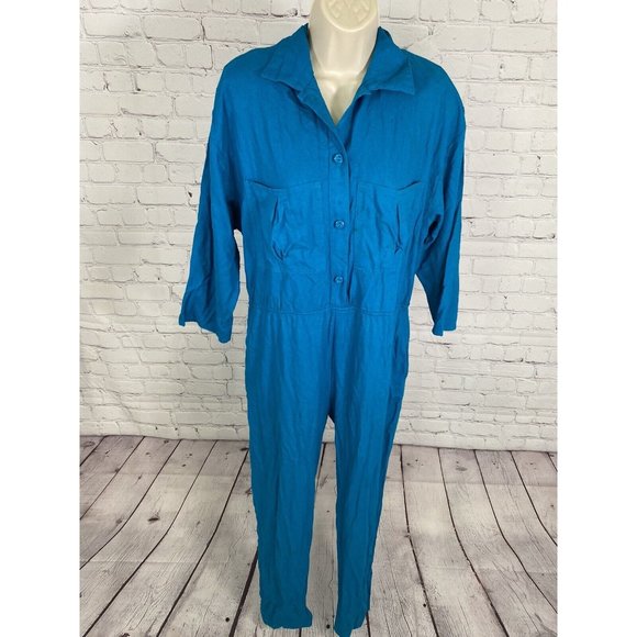 George Georgiou Pants - VTG Naturelle George Georgiou Teal Raw Silk Jumpsuit Chest Pockets One Piece S